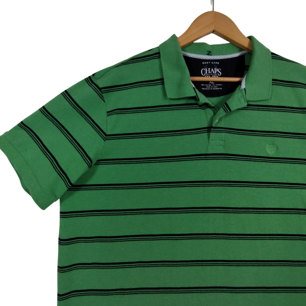 Chaps Mens XL Green Black Striped Easy Care Short Sleeve Polo Shirt Stretch
